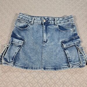 Wax Jean Collection Blue Acid Wash Cargo Denim Mini Skirt Utility Pockets Size M